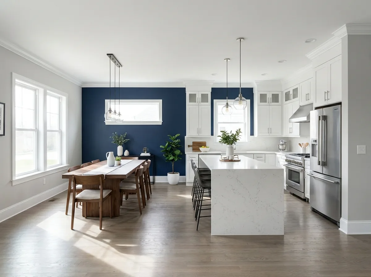 Cocina pintada con pared de acento azul marino